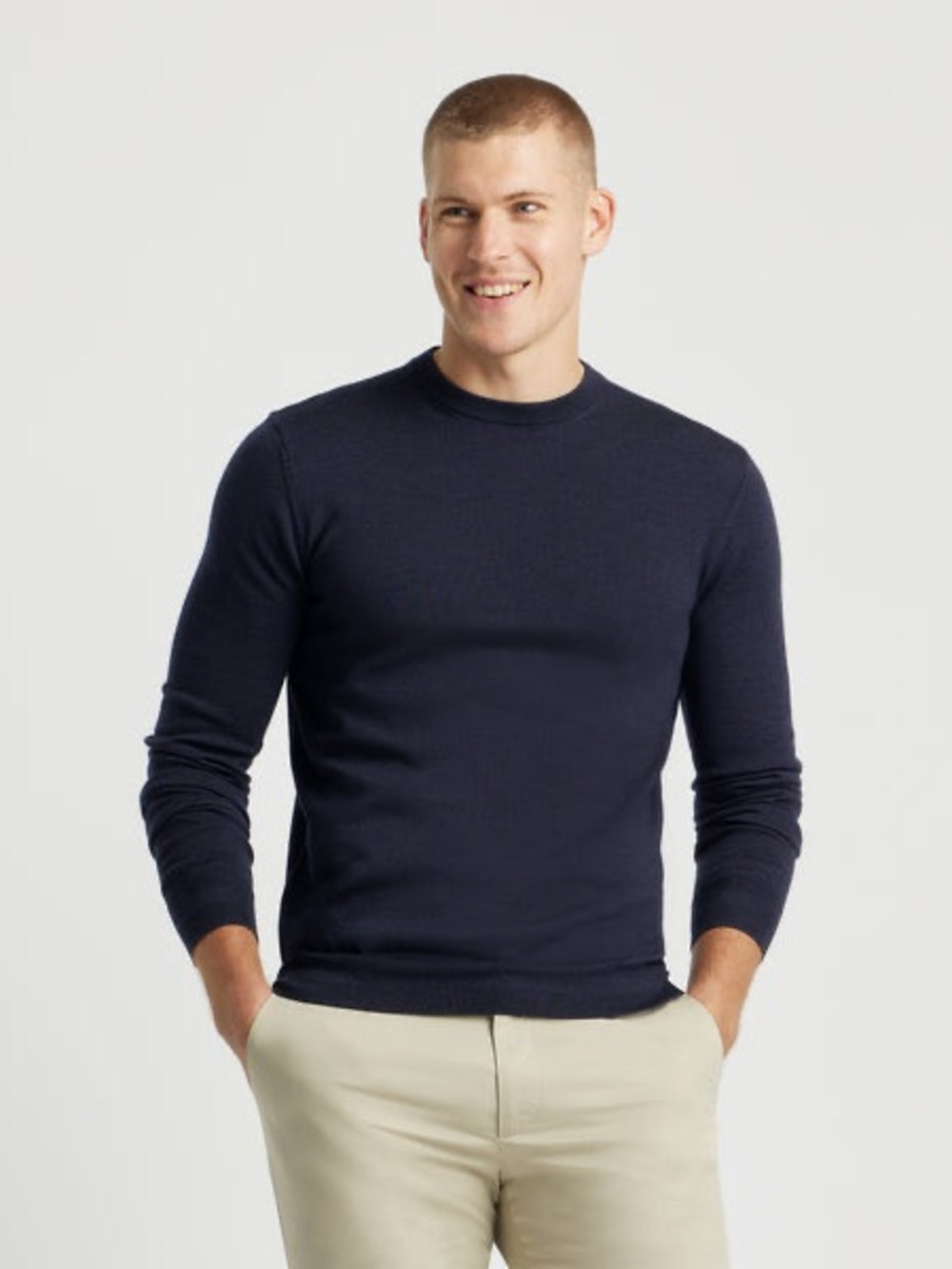 Spoke London Men’s 100% Merino Wool Navy Crewneck Sweater Medium Slim Short